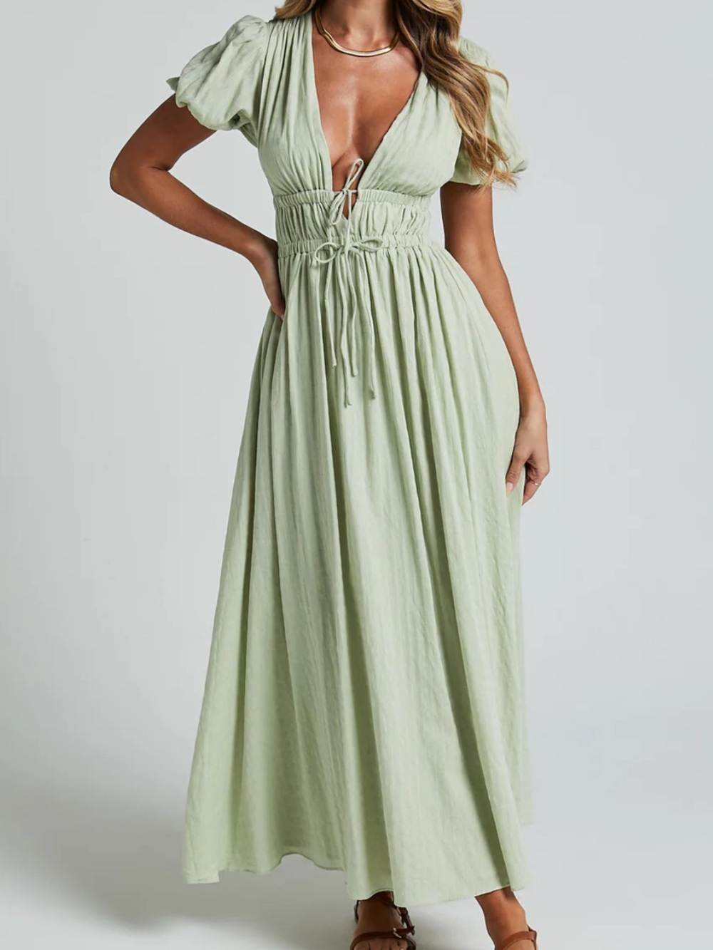Showpo Sage Green Deep V Maxi Dress with Drawstring Waist - Picture 4 of 4